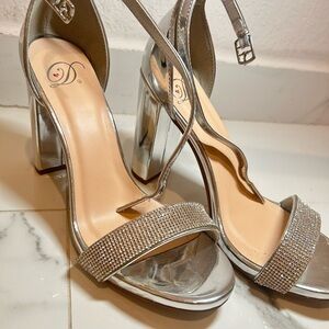 Delicious Silver Crystal-Strap Block Heel Sandals